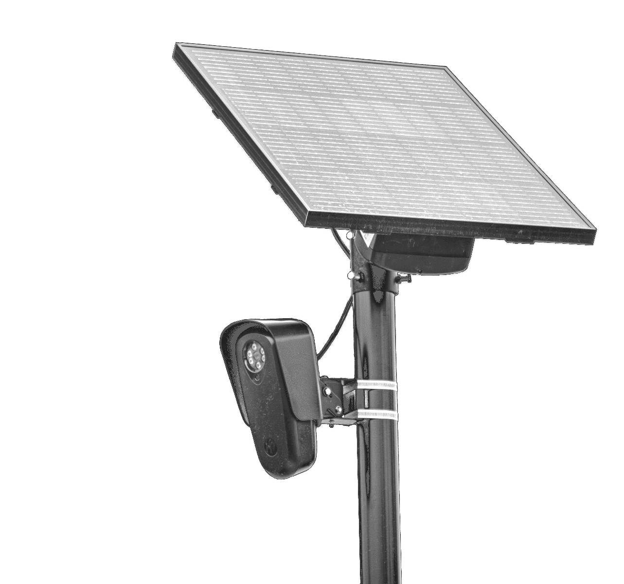 Black and white photo of a Flock Safety ALPR camera mounted on a pole