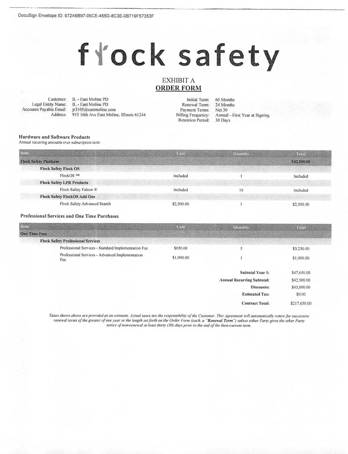 The order form: 16 Flock cameras on a 60-month term, $217,650 total.