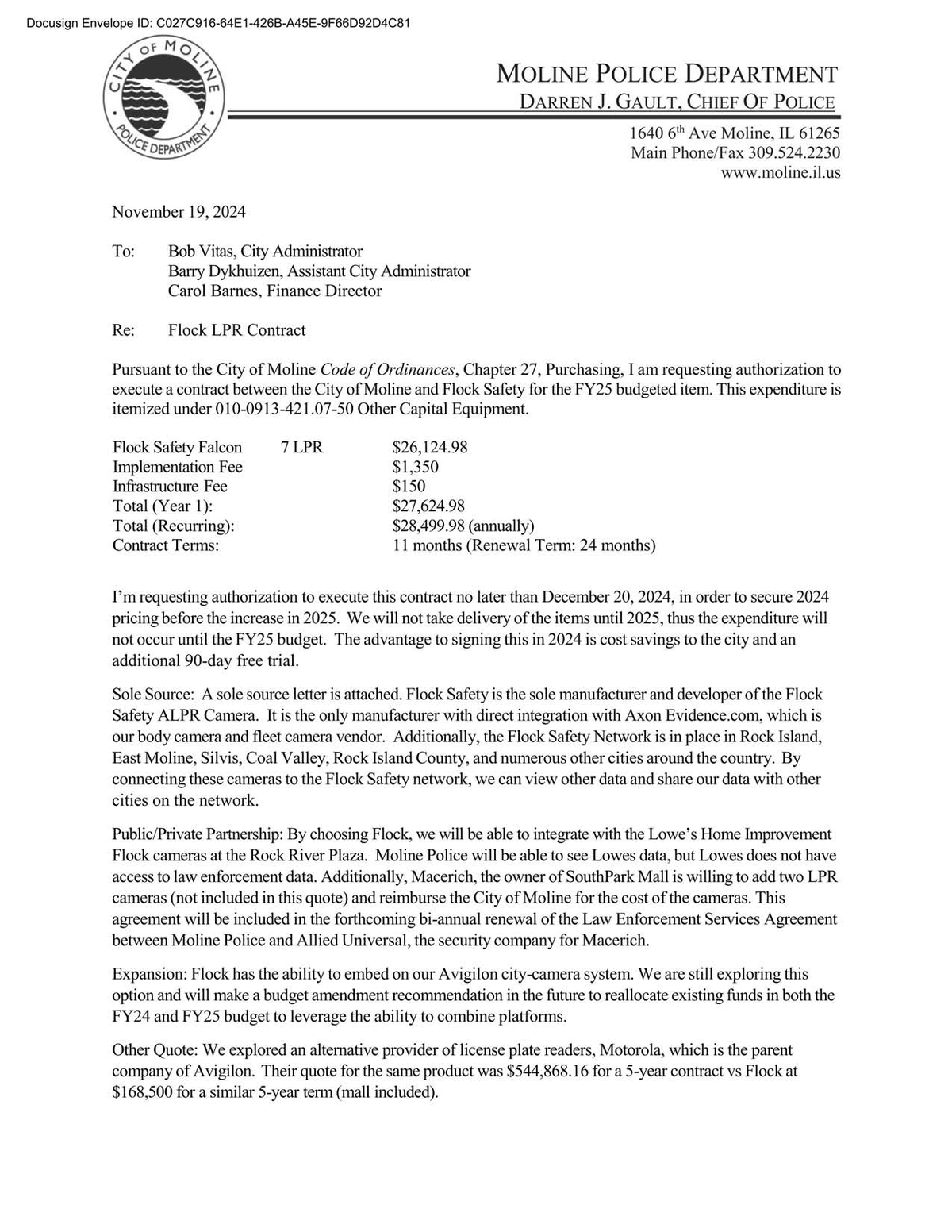 The chief’s letter: Flock can “embed on our Avigilon city-camera system,” folding in the city’s own cameras, plus private cameras at Lowe’s and SouthPark Mall.