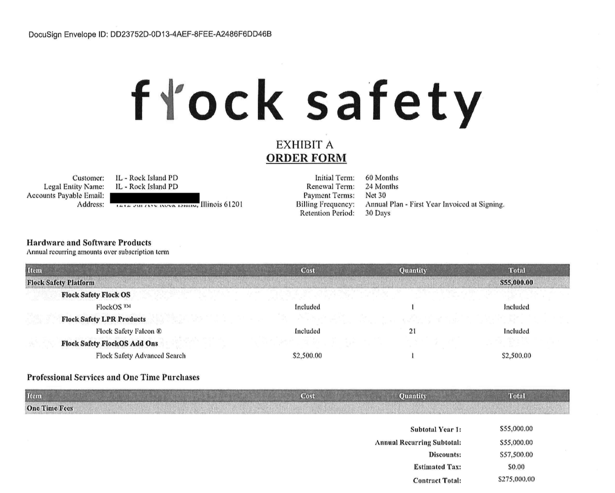 The order form: 21 Flock Falcon cameras on a 60-month (5-year) term, $55,000 a year for a $275,000 total contract.
